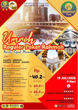 Paket Umrah  Rahmah Awal Musim, Plus Kereta Cepat , Ahz-Btt, Bintang 5,  9 Hari, Keberangkatan 19 Juli  2025